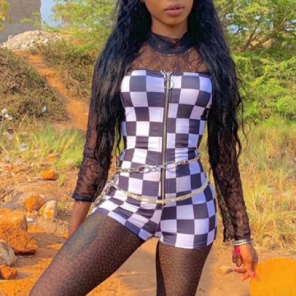 Checkered zipper front romper